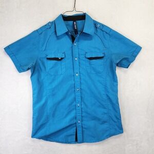 True Rock Mens Short Sleeve Button Down Shirt‎ Blue Military Epaulettes Large